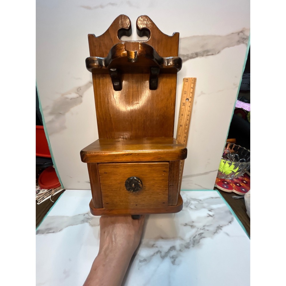 Vintage Wood Wall Mount Organizer Shelf Drawer Hooks Colonial Farmhouse Decor